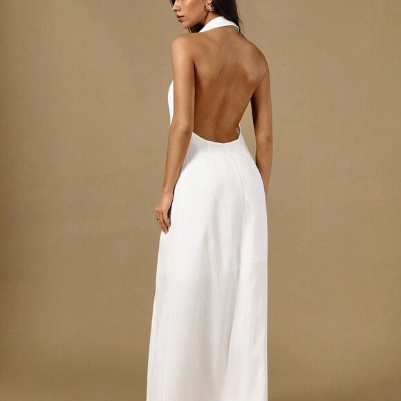 White Elegant Womens Halter Neck Sleeveless Buttoned Waist Line Maxi Shirt Dress - Picture 2 of 7